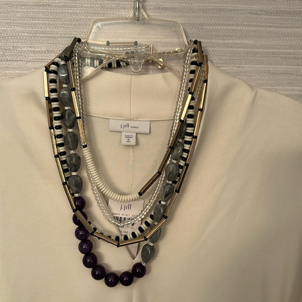 Loft layered statement necklace in blue, white, gray and gold beads.